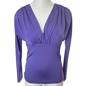 Made in Italy V-Neck Top Women M Purple Long Sleeve Pleated Empire Waist Stretch